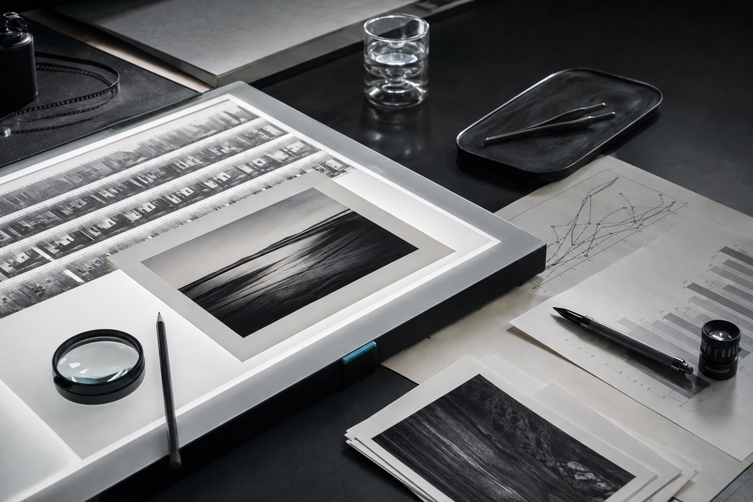 Análisis de pruebas fotográficas y gráficos sectoriales sobre una mesa de luz