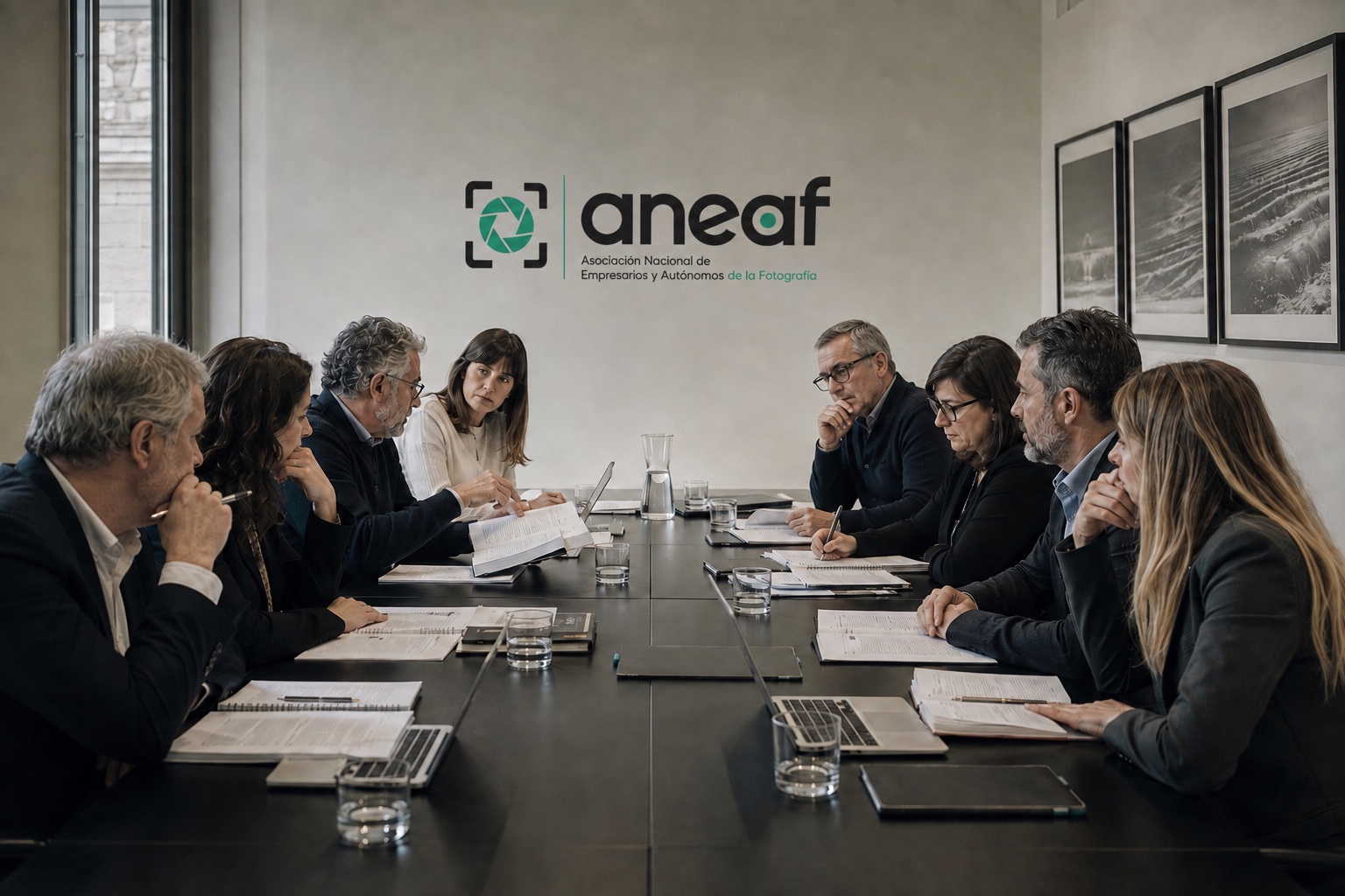 Mesa formal de negociación colectiva con el logotipo de ANEAF en la pared