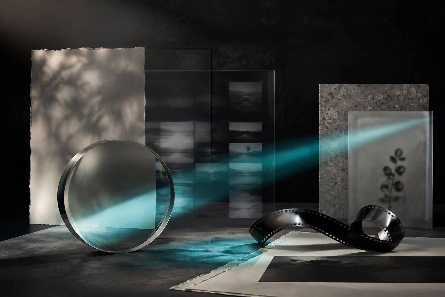 Composición editorial sobre luz, óptica y procesos fotográficos